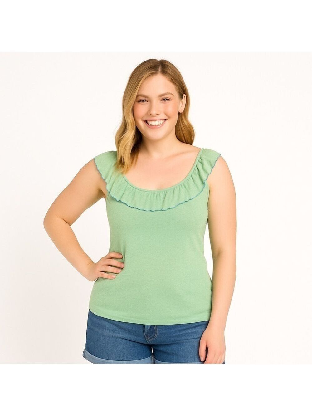 MICHAEL STARS Lime Green w/ Metallic Gold Thread & Blue Trim Ruffle Tank Top